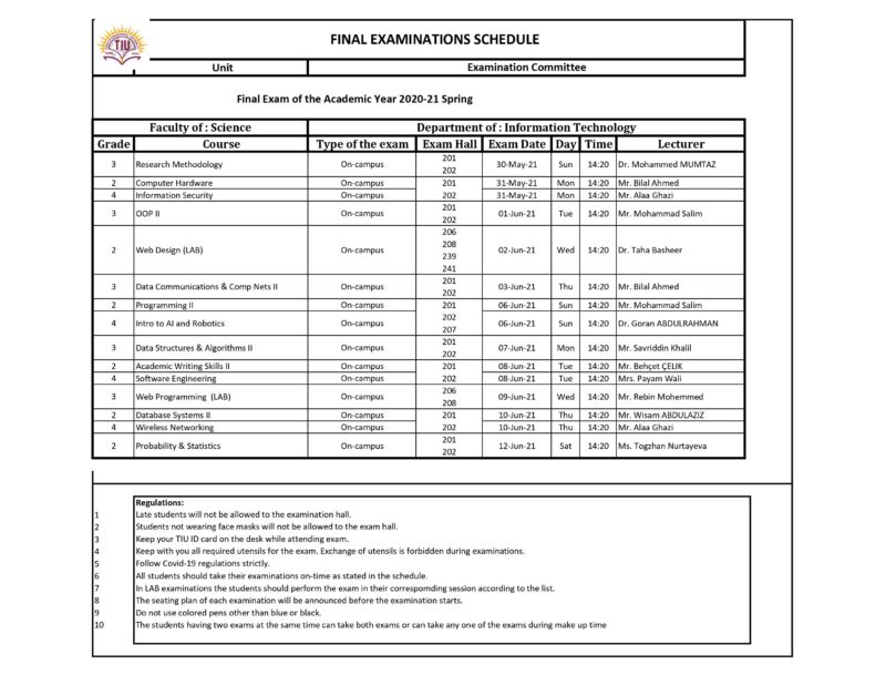 Spring Semester Final Examination Schedule 2020-2021 | IT Department