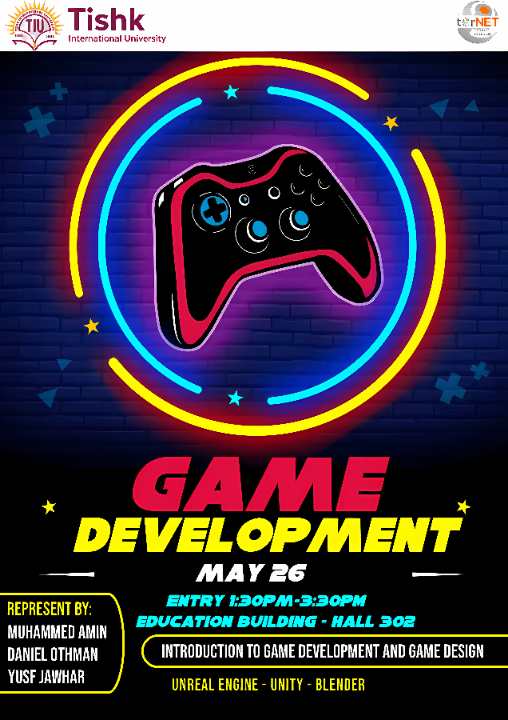 ITETI Workshop on Game Development announcement - IT Department, Game Development, Competition, Tishk International University.